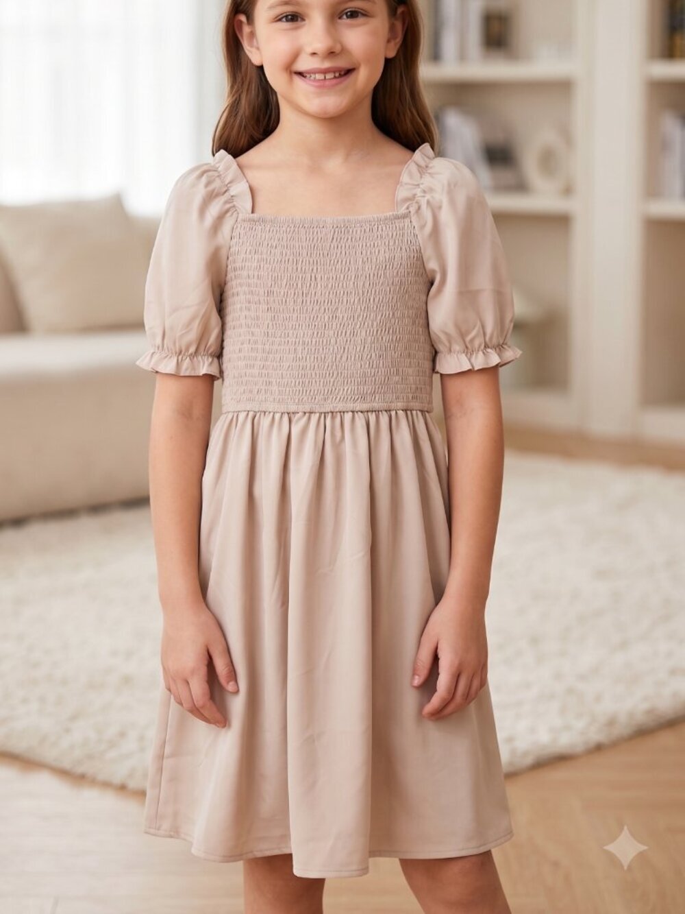 NWOT | Soft Beige Smocked Square Neck Puff Sleeve A-Line Party Dress 10Y
